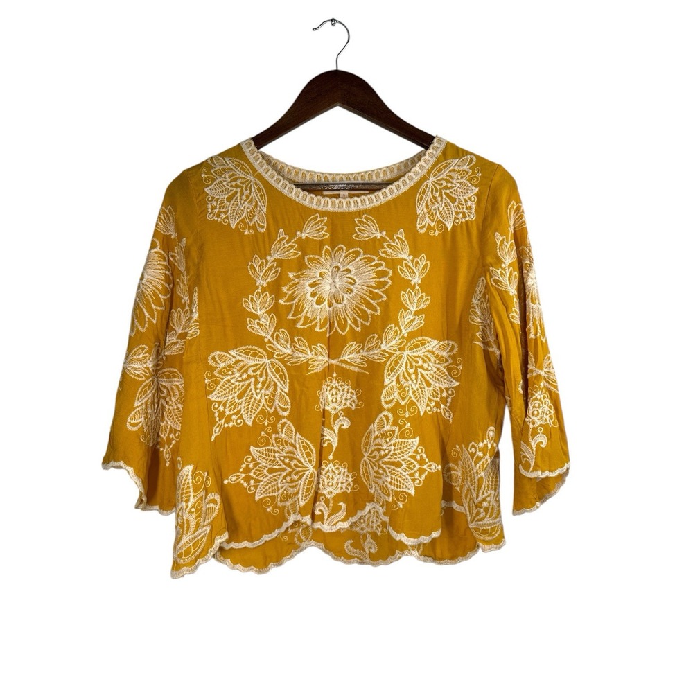 Anthropologie‎ Solitaire Embroidered Yellow flare sleeves boho top Size S